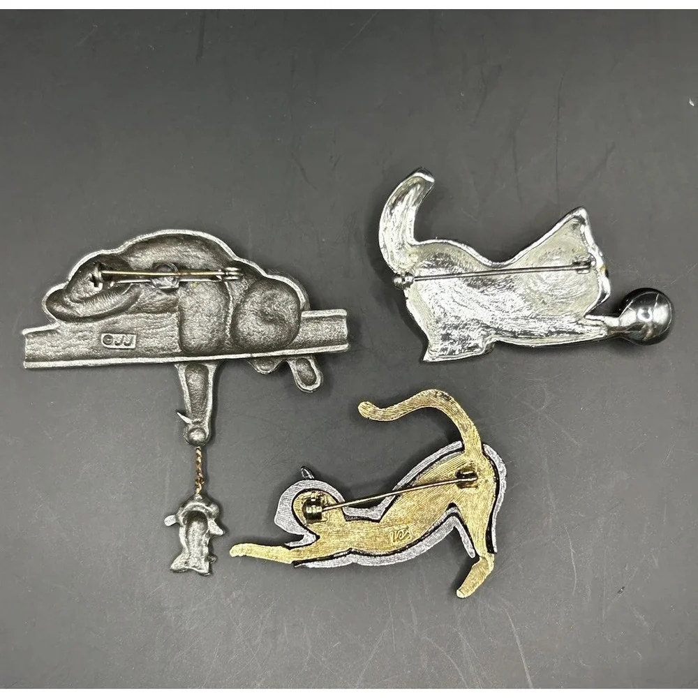 Vintage Cat Brooch Pins Pewter Black Enamel Articulated Hanging Mouse